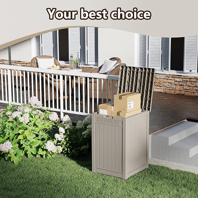 48 Gallon Large Package Delivery Box,Storage Box with Lockable Secure,Double-Wall Resin Outdoor Package Delivery and Waterproof Deck Box for Porch, Curbside (Grey)
