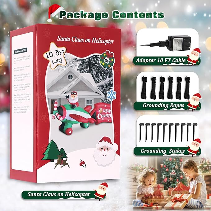 10.5FT Christmas Inflatables Santa Claus on Animated Helicopter, Giant Blow Up Santa Claus Flying Airplane, Lighted Inflatable Outdoor Decorations for Garden Yard Holiday Party Lawn Decor