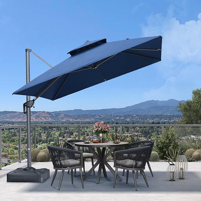 PURPLE LEAF Sunbrella Patio Umbrella 10 Feet Outdoor Double Top Large Offset Hanging 360° Rotation Heavy Duty Cantilever Square Umbrella for Garden Patio Deck Pool Backyard Spectrum Indigo