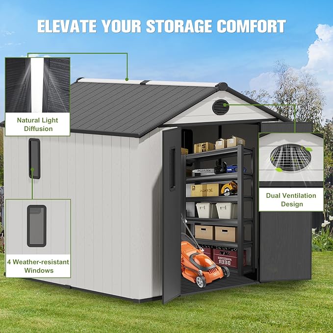 COOS BAY 8x8 Outdoor Resin Storage Shed with Floor, 2 Lockable Doors, All-Weather Durable Garden Shed for Tools & Equipment, White/Gray