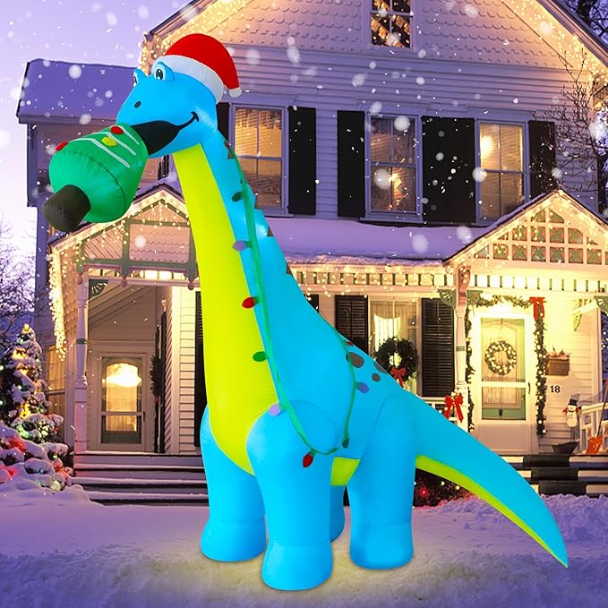 DR.DUDU 12 FT Christmas Inflatable Outdoor Decorations, Large Blow Up Dinosaur Inflatables with Santa Hat Christmas Tree Light up Giant Xmas Holiday Decor for Yard Lawn Garden Outside