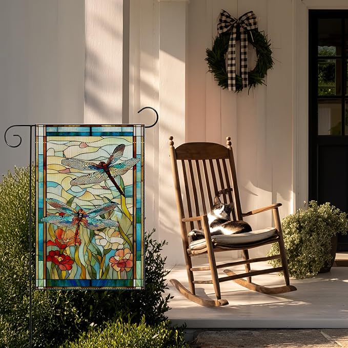 Garden Flags, Dragonfly Garden Flag, Stained Glass Style Dragonfly Floral Flag Double-Sided Flags for Farmhouse Yard Outdoor Decoration-12 x 18inch (Dragonfly)