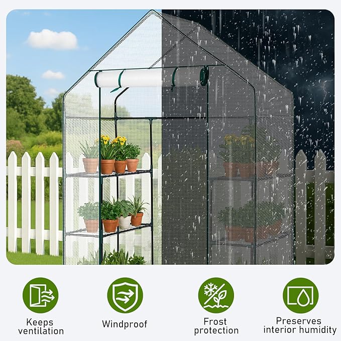 Outvita Walk-in Greenhouse, Outdoor Durable PE Plant Green House for Frost Protection with 3 Tiers 4 Shelves, Shelf Clips, Roll-up Zipper Door, 56"x29"x77" White