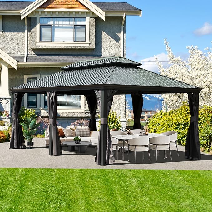 Domi 12' X 20' Hardtop Gazebo Large Outdoor Metal Gazebo with Galvanized Steel Double Roof Canopy, Aluminum Frame, Curtains and Netting for Patio, Deck, Garden, Grey