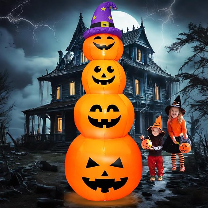DearSun 8FT H Halloween Inflatable Stacked Pumpkins with Witch’s Hat, Blow up 4 Pumpkins Inflatable with Build-in LED Lights Outdoor Decorations Large Party Yard Decoration