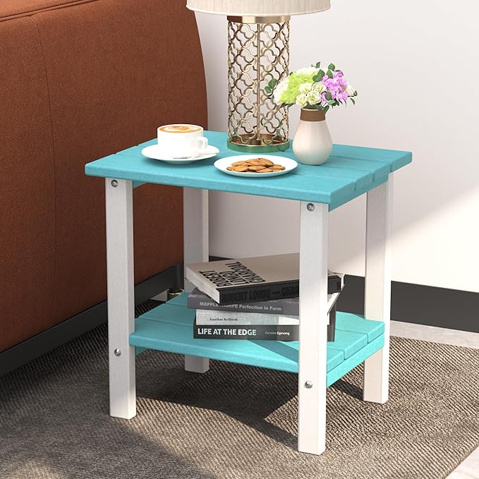 OTSUN Outdoor Side Table, 16 Inch Square Patio Table, All Weather Porch Table for Balcony, Backyard, Lawn, Indoor Outdoor Companion (Aruba Blue & White)