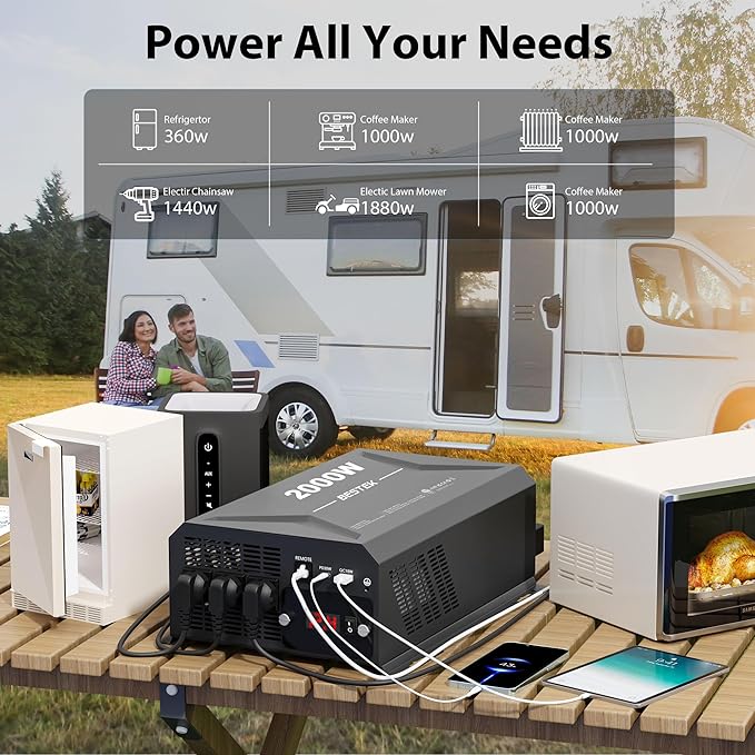BESTEK 2000W Car Power Inverter, DC 12V to 110V AC Converter Car Outlet Adapter with USB-C PD30W QC18W Cigarette Lighter Plug, 3 AC Charger Outlets and Dual USB Ports for RV Road Trips