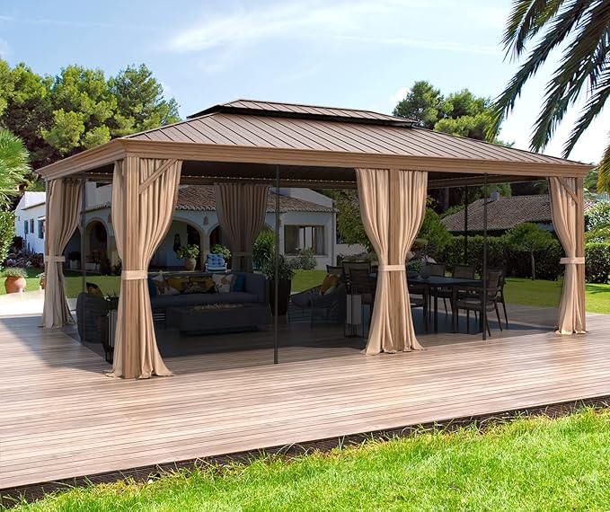MELLCOM 14'x20' Gazebo, Galvanized Steel Double Roof with Wood Grain Aluminum Frame, Outdoor Permanent Metal Pavilion with Curtains and Nettings for Patio, Backyard and Deck
