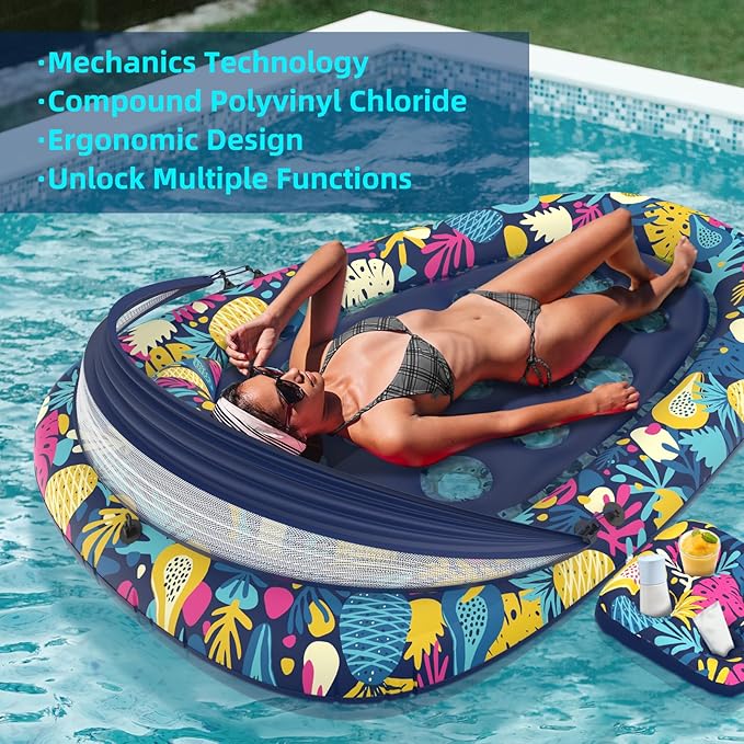 3-in-1 Pool Floats with Canopy Cup Holder, Large 73" x 48" Pool Floats Adults Heavy Duty, Inflatable Lounger Raft Floating Chair with Backrest, Swimming Pool Lake Beach Pool Party