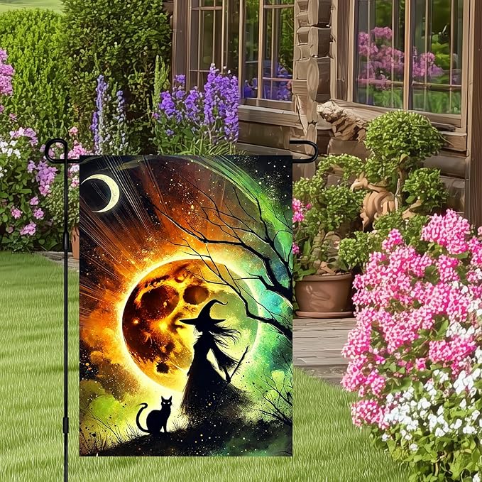 Halloween Horror Garden Flag 12x18 Inch Witch Silhouette Black Cat Moonlight Flag Outdoor Yard Decoration House Banner Porch Lawn Patio Home Decor