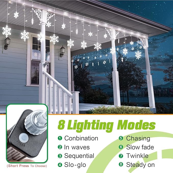 Christmas Snowflake Lights, 16.73ft Outdoor LED Icicle With 20 Drops, Waterproof Cool White Lighting for Eaves, Window, Curtain Xmas Decorate
