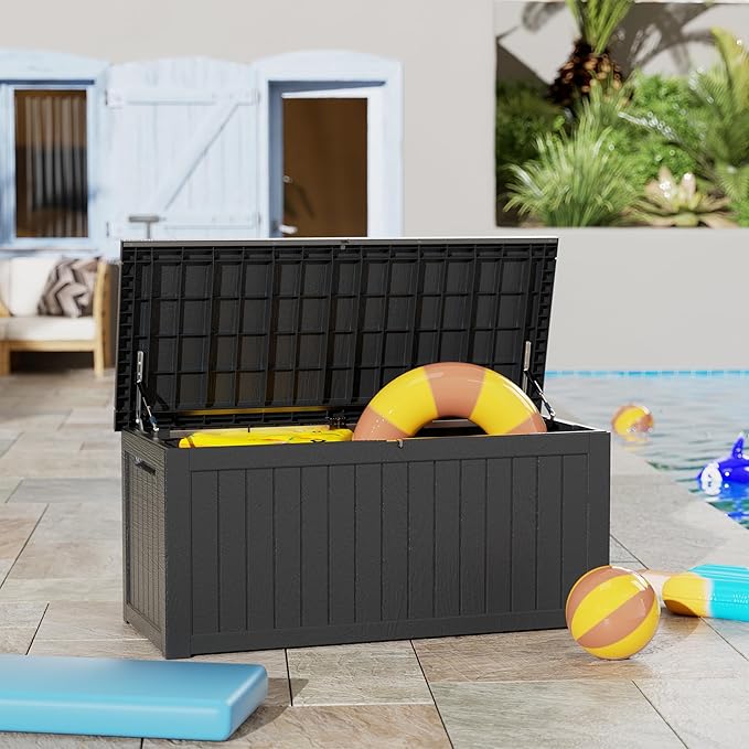 270 Gallon Deck Box, Resin Outdoor Indoor Waterproof Storage Box, Lockable Storage Box With Handle for Patio Furniture - Garden Tools - Swimming Pool Tools UV Resistant, Black - 270