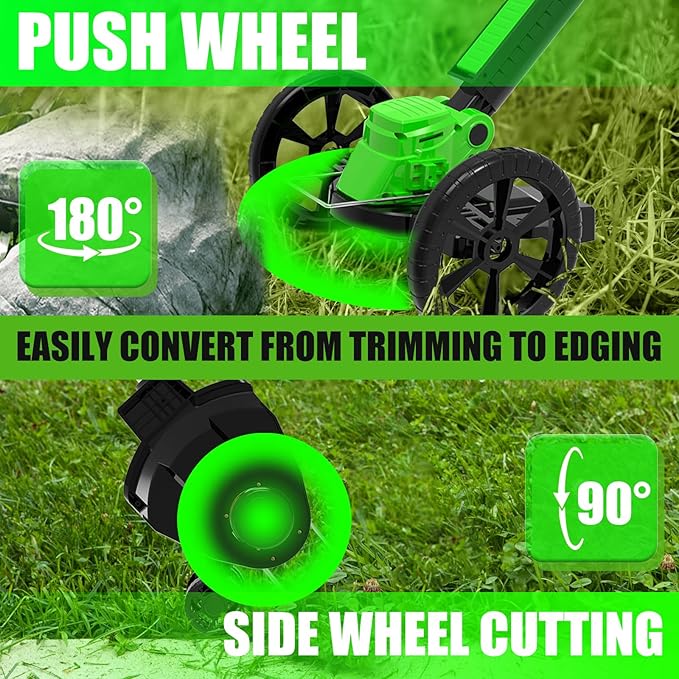 Electric Cordless Weed Wacker Eater Battery Powered Weed Trimmer with 2 21V/2.0Ah Battery Operated & Wheels & Charger & 5 Types Blades, No-String Brush Cutter/Grass Trimmer/Lawn Edger for Garden Yard