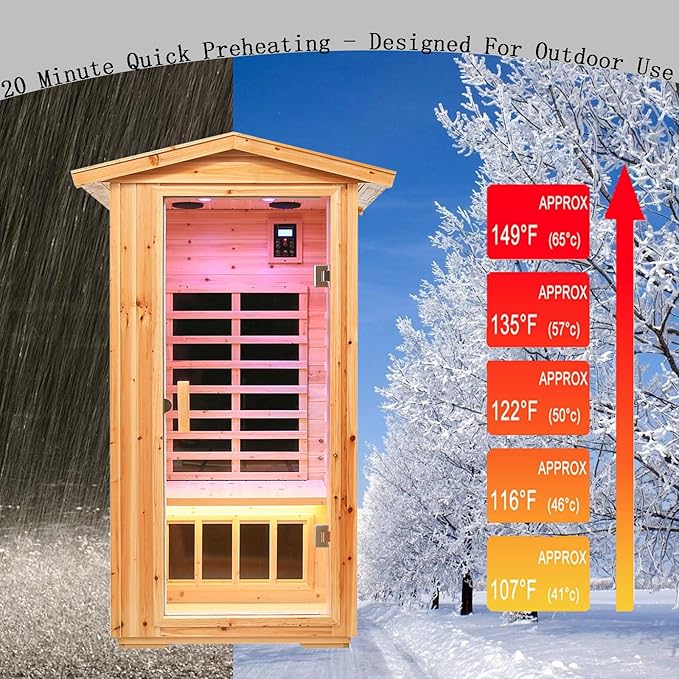 Old Fir Wood Low EMF Far Infrared Outdoor Sauna(1560W) + Infrared Foot Spa Bucket(175W), Home Sauna with LCD Control Panel, Chromotherapy Light, Reading Light, Bluetooth Speaker
