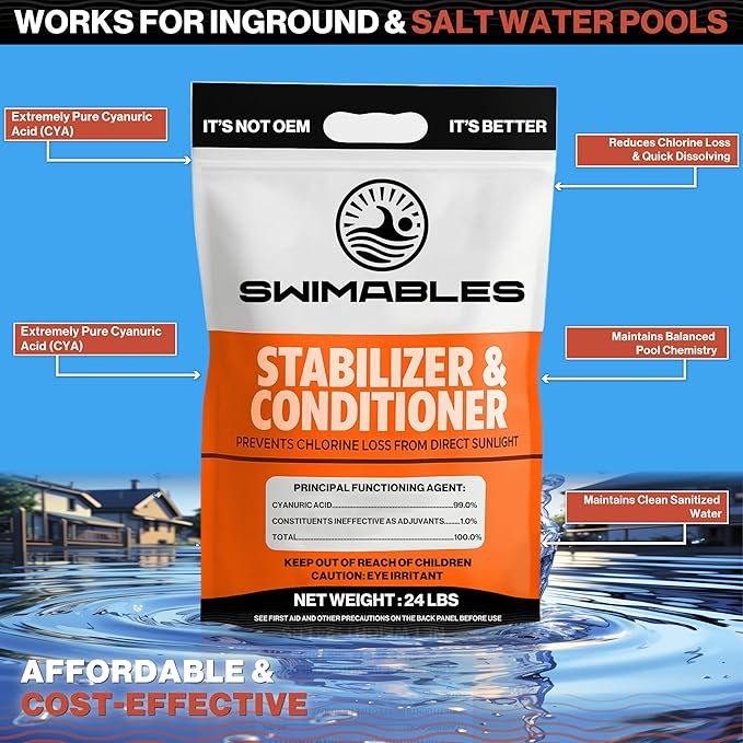 Swimables 24-Pounds Premium Pool Stabilizer & Conditioner, Max Strength Cyanuric Acid for Pools, Spa & Salt Water – Reduces Chlorine Loss, Ideal for Swimming & Hot Tubs