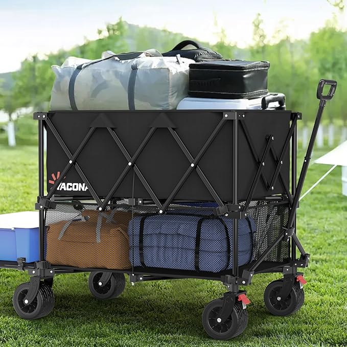400L Large Double Decker Wagon Collapsible, 450lbs Beach Wagons Carts Foldable Heavy Duty, 54" Extended Utility Folding Cart for Camping, Garden, Sports, Grocery, Shopping