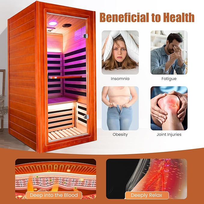 Far Infrared Sauna for Home Indoor Sauna Wooden Dry Saunas for 1 Person 1020W 110V with Control Panel, Bluetooth Speaker, Reading Lamp
