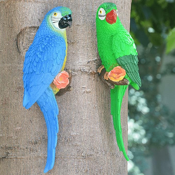 Bird Statue Garden Decorations,Outdoor Resin Bird Figurine Decoration,Bird Statue Real Parrot Figurine,Flapping Macaw Bird Tropical Decor Wall Sculpture, Polyresin, Full Color