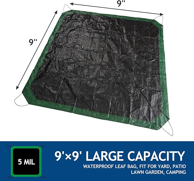 Leaf Tarp 9x9 Ft, Lawn Garden Leaf Tarp with 4 Drawstrings, Reusable Waterproof Poly Tarp Yard Waste Bags, All Purpose Protective Cover for Bikes, Furniture Cover, Tent Footprint