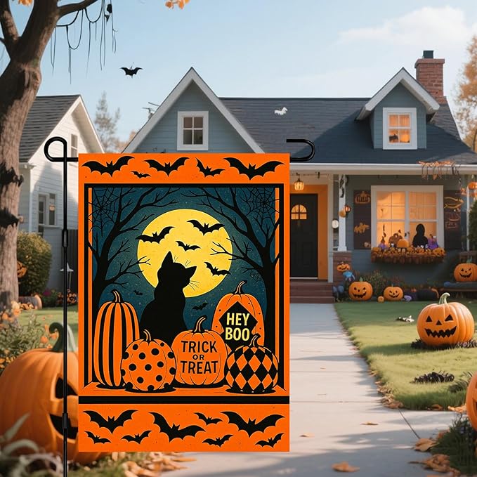 IVN Happy Halloween Garden Flag 12x18 Inch Double Sided Black Cat Pumpkin Bat Moon Trick or Treat Hey Boo Outdoor Yard Flag for Outside Front Door Lawn Porch Patio Welcome Decor