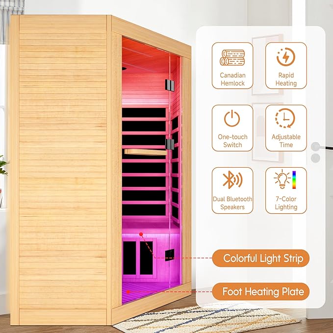 Indoor Sauna Two Person Far Infrared Saunas for Home 1 - 3 Person Wood Sauna Canadian Hemlock 2180W/110V Low EMF Dry Sauna Room with Oxygen Bar/7 Color Therapy/9 Heating Plates/Control Panel/Speaker