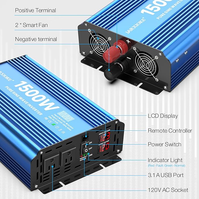 1500 Watt Pure Sine Wave Power Inverter, 12 Vdc to 110 Vdc to 120 Vdc, for Home, RV and Off-Grid Solar Systems, with 2 AC Outlets and USB Port, LCD Display, with Remote Control