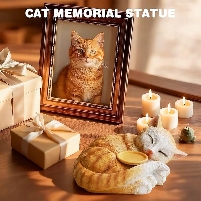 Sleeping Cat Candle Holder Statue Realistic Resin Cat Figurine with Candle Tray Outdoor Garden Decor for Patio Yard or Indoor Use for Cat Lovers Women and Memorials Orange
