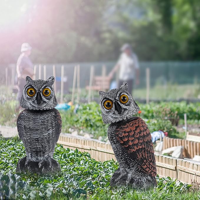Hausse 2 Pack Bird Scarecrow Fake Owl Decoy Sculpture, Rotating Head Plastic Owl Bird Deterrents, 10.6 Inch Height Nature Enemy Horned Pest Repellent for Outdoor Garden Yard