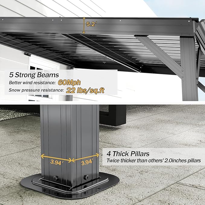 Domi 10'x10' Lean to Gazebo Hardtop, Expandable Wall Mounted Pergola with Gutters & Galvanized Steel Roof, 60MPH Wind Resistance, Outdoor Heavy Duty Metal Awning for Patio, Deck, Backyard - Grey