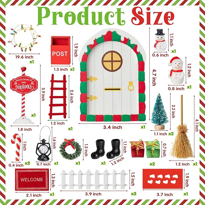 Haooryx Christmas Elf Garden Miniatures - 22Pcs Christmas Magic Fairy Doors Decoration Kit Wooden Miniature Fairy Doors Xmas Elf Magic Door Wall Fairies Xmas Winter Xmas New Year Decor(White Door)