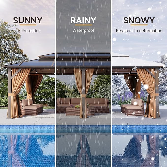 Aoxun 12'x20' Hardtop Gazebo, Aluminum Frame Permanent Pavilion with Netting and Curtains, Outdoor Polycarbonate Double Roof Canopy, Designed for Lawn, Garden, Patio (Brown)