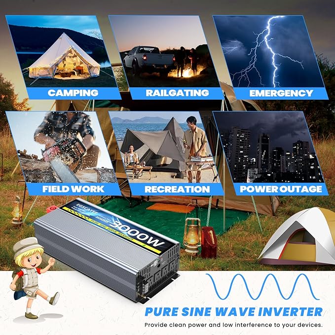 24V 3000W Pure Sine Wave Inverter 24V DC to 110V/120V AC Converter with 4AC Outlets, 5V/3.4A USB, Remote Control with on-Screen Display, Off-Grid Solar Power Inverter for Truck, Home, Vehicles, RV