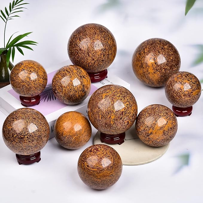 JIC Gem Golden Jade Quartz Crystal Ball Healing Crystal Gemstone Sphere with Decorative Wooden Stand for Meditation Gifts Decoration (80-90mm)