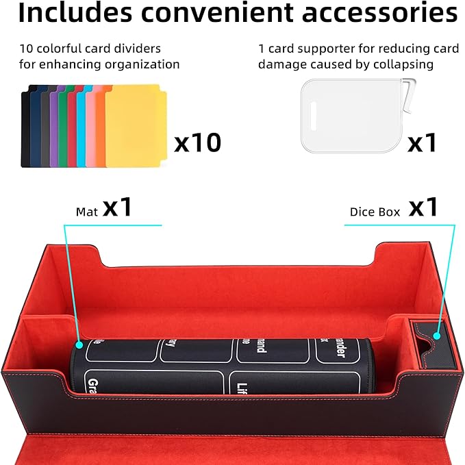 AFIING Mtg Deck Box Holds 5 Display Card Deck Boxes with Mtg Playmat & Dice Box,10 Dividers,1Card supporter, Trading Card Storage Box for Magic Yugioh Sports Cards (Black &Red)