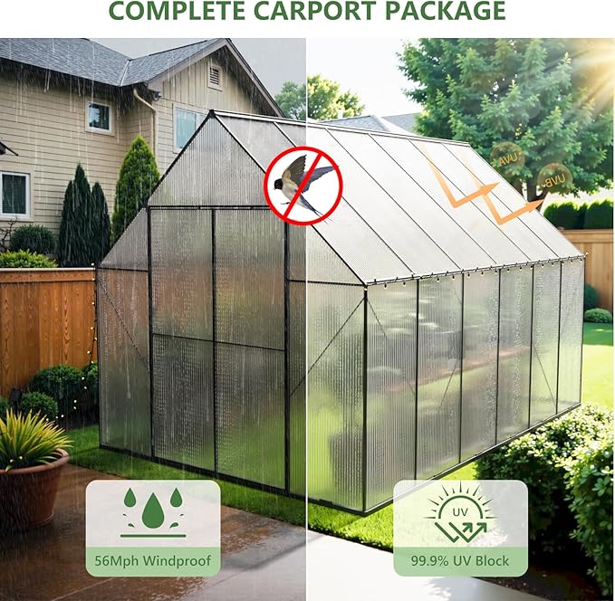 8X12 FT Greenhouses for Outdoors,Heavy Duty Polycarbonate Greenhouse, Large Walk-in Greenhouse with Roof Vent, Aluminum Hot House for Garden,Backyard