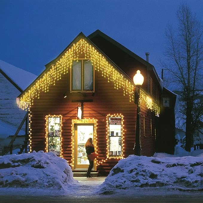 304 LED Solar Christmas Icicle Lights Outdoor Decorations, 8 Modes Waterproof Icicle Fairy Lights for Outside Holiday, Patio, Balcony, Christmas, Window, House Eaves Decorations, Warm White