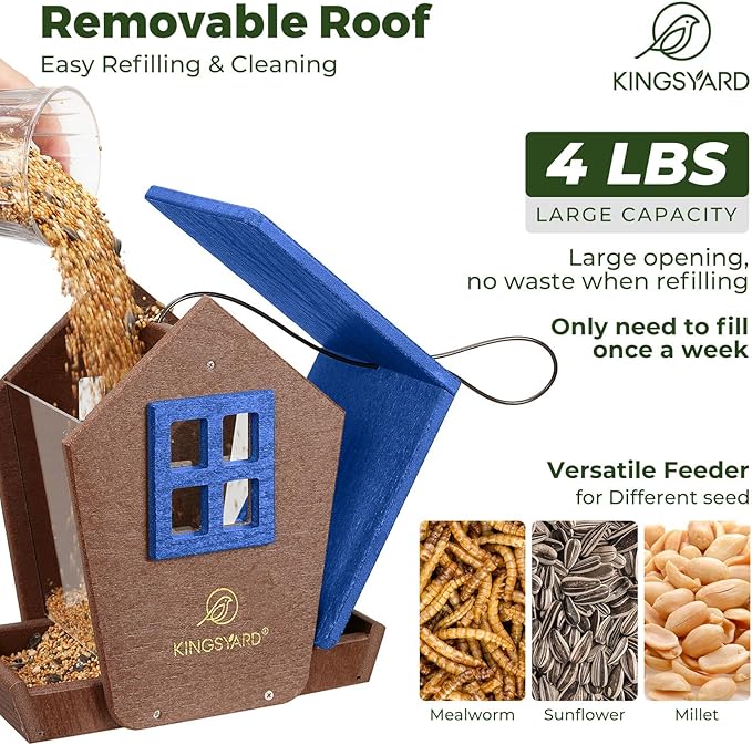 Kingsyard Large Bird Feeder House for Outdoors Hanging, Recycled Plastic Cardinal Bird Feeder with Weatherproof Roof & Seed Tray for Finch Bluebird, Large Capacity 4 lbs, Garden Yard Outside Decor