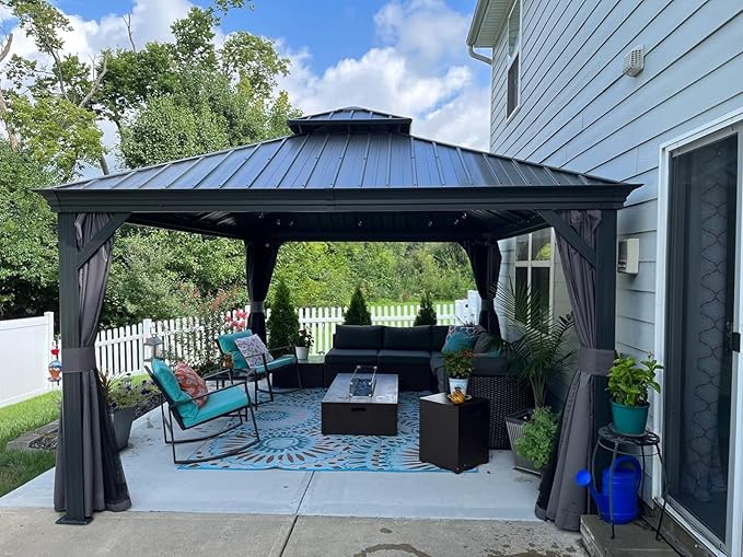 Domi 12'x12' Hardtop Gazebo Canopy,Outdoor Aluminum Gazebo with Galvanized Steel Double Roof,Permanent Gazebos with Drainage System,Curtain and Netting Included,Grey