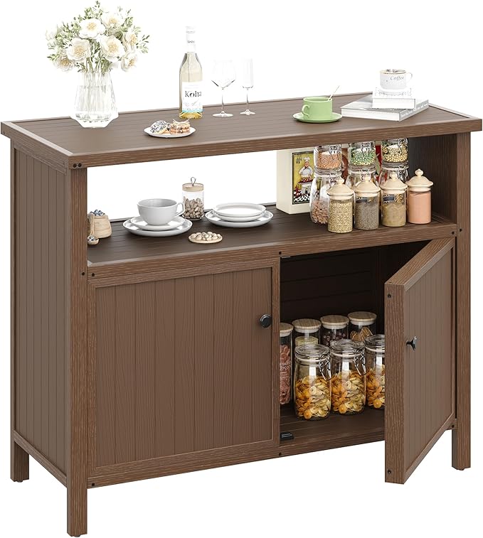 Amopatio Outdoor Storage Cabinet - Patio Bar Table with Storage and Shelves - Weather Resistant Sideboard for Patio, Pool, Garden, Indoor, Kitchen - Brown