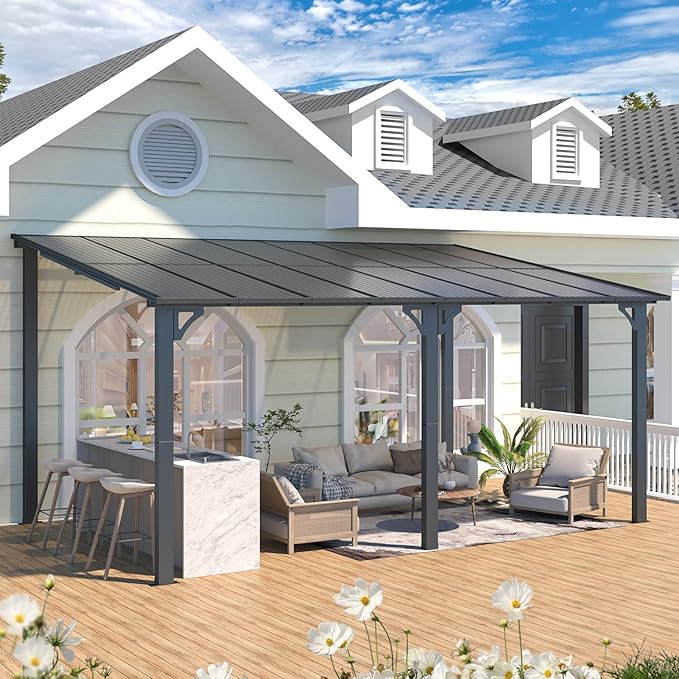 AECOJOY 16' x 10' Gazebo Outdoor Pergola for Patio, Large Wall-Mounted Hard Top 10x16 Lean to Metal Gazebo Shelter Pergolas and Gazebos Clearance with Patio Roof, Heavy Duty Awnings for Patio, Decks