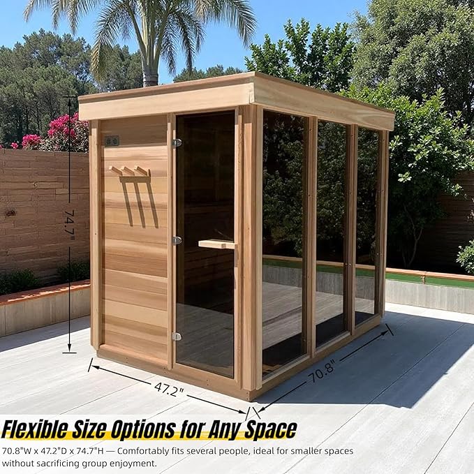 ZONEMEL Customize Outdoor Steam Sauna, Red Cedar,Hemlock, Multiple Sizes & Panel Options, Harvia Electric,Wood Stove, Single Double Bench, Triple Waterproof System, (0-195℉)
