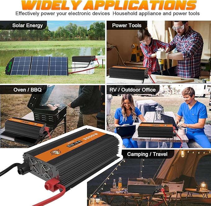 3000 Watt Power Inverter 12V to 110V, Modified Sine Wave DC to AC Car/Outdoor Converter, Dual 110V AC Outlets, 3 USB Port, LED Display for Solar, Camping, RV, Truck, Boat, Laptop and Emergencies