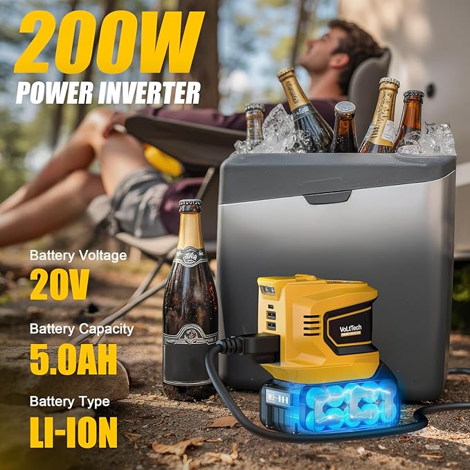 Real 200W Power Inverter Compatible With Dewalt 20V, VoLtTech Battery Inverter DC 20V to AC 110V-120V, Phone Charger Power Adapter with a 5AH Battery & Charging Station, with 2 USB-A & 1 Type-C & 1 AC