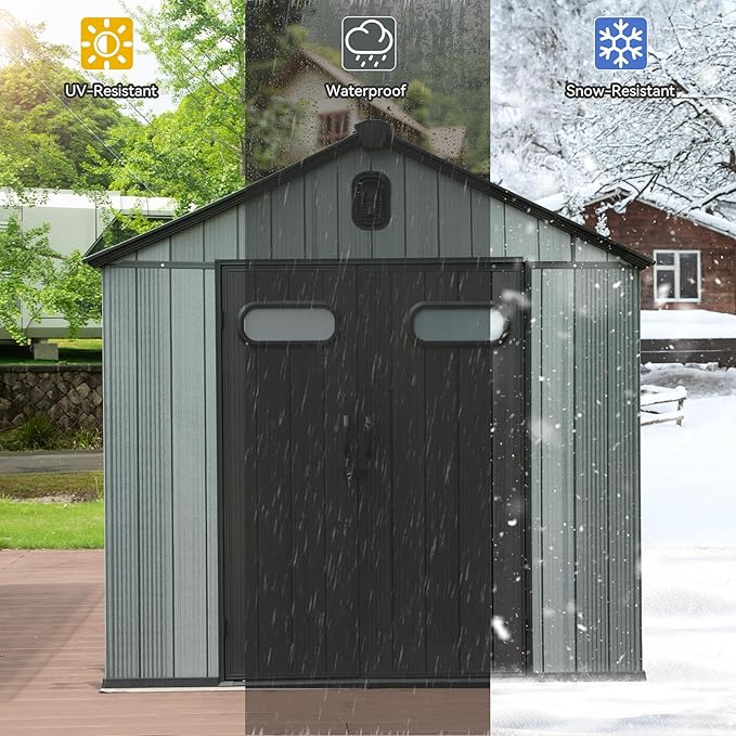 8X10FT Outdoor Resin Storage Shed, Waterproof Plastic Garden Shed with Lockable Door, Windows & Vents, Outside Storage Tool Shed for Patio Furniture, Lawn Mower, Bike