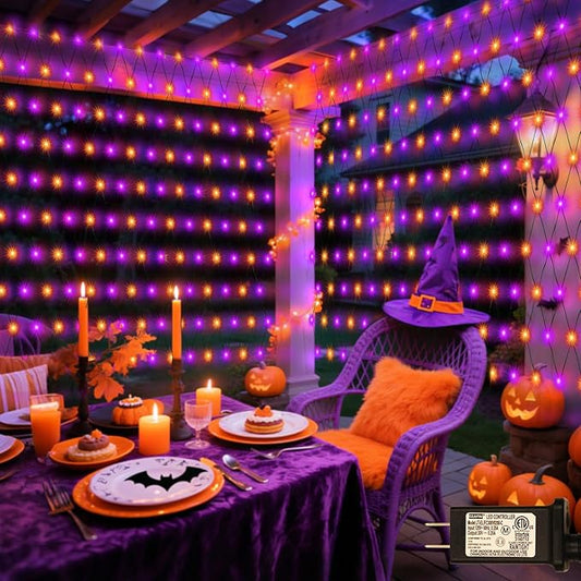 300LED Net Lights Halloween Decorations, 14.8ft x 5ft Outdoor Mesh Lights 8 Modes & Timer, Connectable Waterproof Christmas Light for Bushes Xmas Tree Party Garden Lawn, Purple Orange
