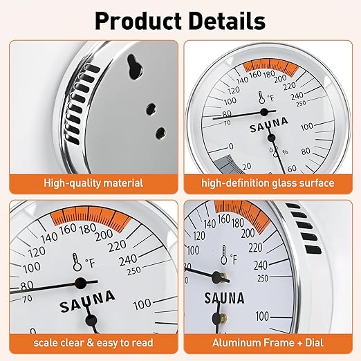 Sauna Thermometer Fahrenheit and Hygrometer 2-in-1 - Precise Indoor Humidity Temperature Monitor Gauge Sauna Accessories, Mechanical Metal Hygrothermograph Meter for Bathroom Steam Infrared Sauna Room