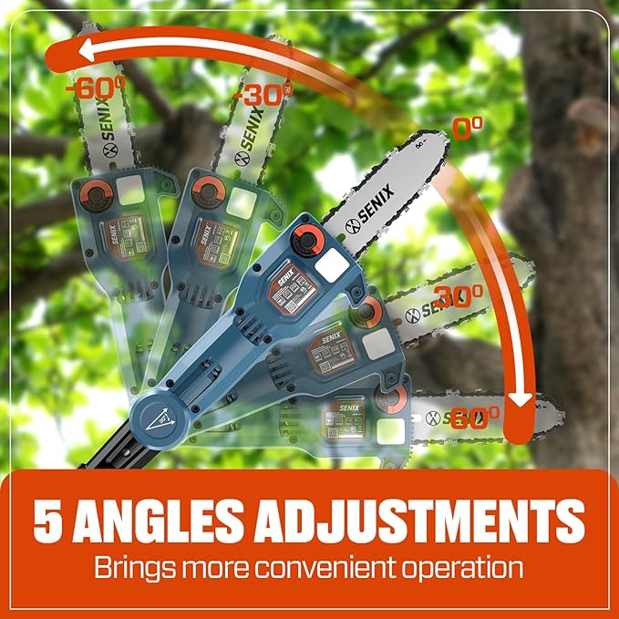 SENIX 20V Cordless Pole Saw, 8 Inch Telescopic Electric Pole ChainSaw with Articulating Head, 2.5Ah Battery & Charger Included for Tree Trimming, Pruning, and Cutting