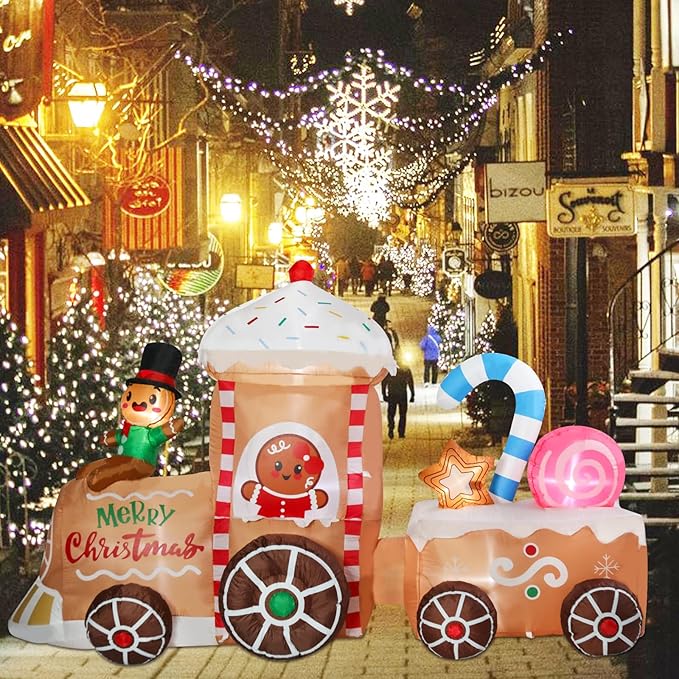 VCUTEKA Christmas Inflatables Gingerbread Outdoor Decorations - 8FT Inflatable Gingerbread Man in Gingerbread House Train Christmas Blow Up Yard Lighted for Holiday Garden Lawn Xmas Decor