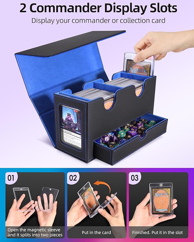 MTG Deck Box, MTG Commander Card Deck Box with Commander Display, Fits 250+ Single Sleeved, Double Card Storage Box with Dice Tray, Magnetic Card Storage Case for CCG TCG Sports Cards, Black Blue