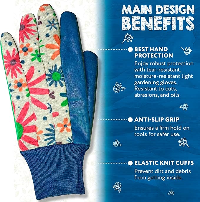 Floral Gardening Gloves for Women, 9 Inch. 6 Pairs Cotton Work Gloves with Knit Wrist. Gardening Gifts for Women